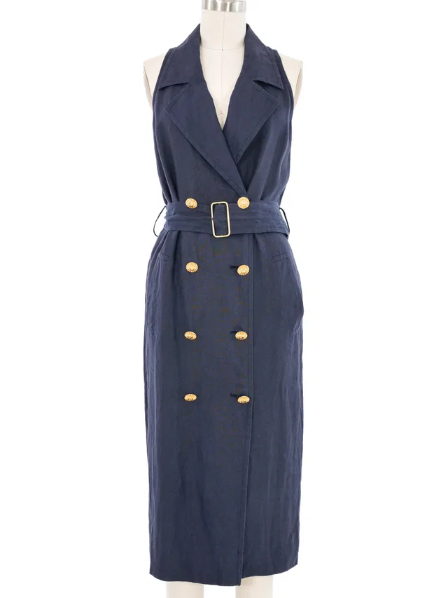 Gucci Navy Linen Double Breasted Sleeveless Dress in Navy from Arcade Vintage