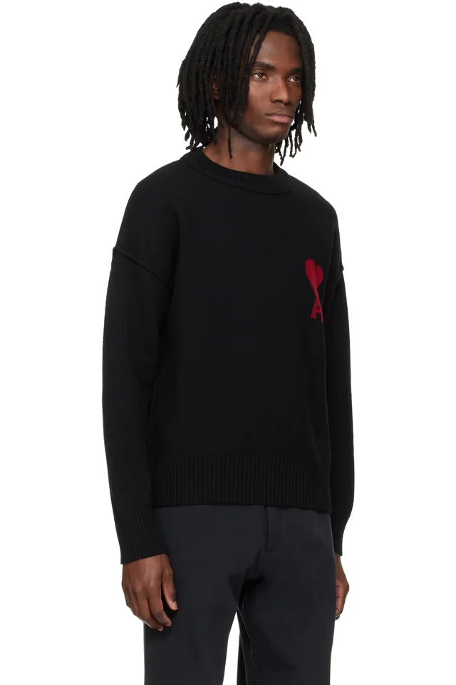 AMI Paris Black Wool Contrasted Ami de Coeur Crewneck Sweater, photo 2 of 4 from SSENSE