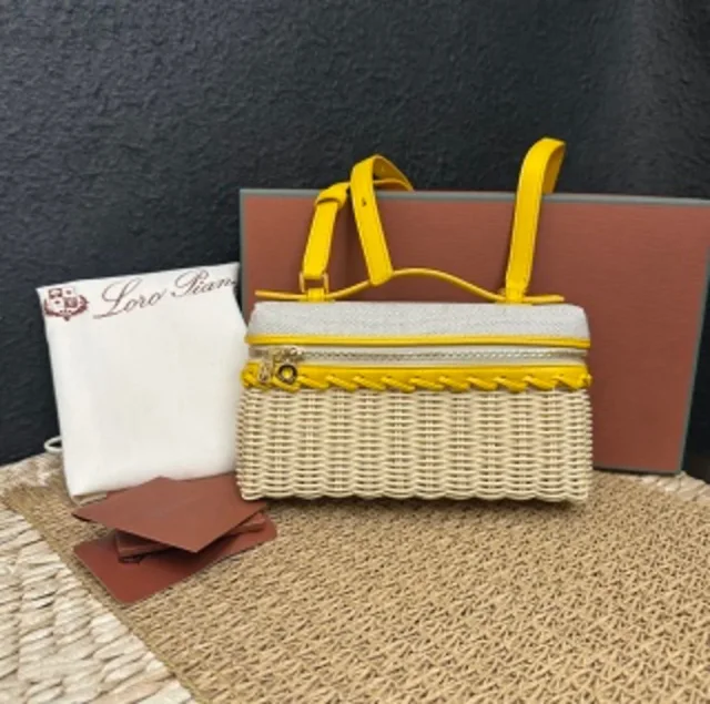 Loro Piana LP rattan and leather patchwork lunchbox bag in Raffia from Luxury Promise