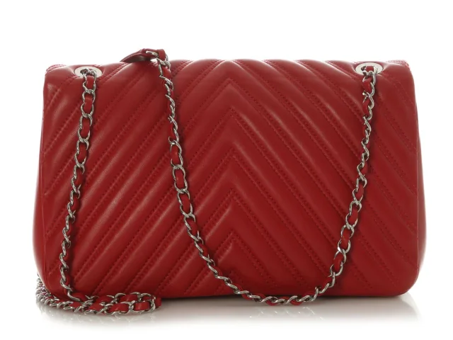 Chanel Jumbo Red Chevron-Quilted Lambskin Classic Single Flap in Red Lambskin from Ann's Fabulous Finds, photo 4 of 9