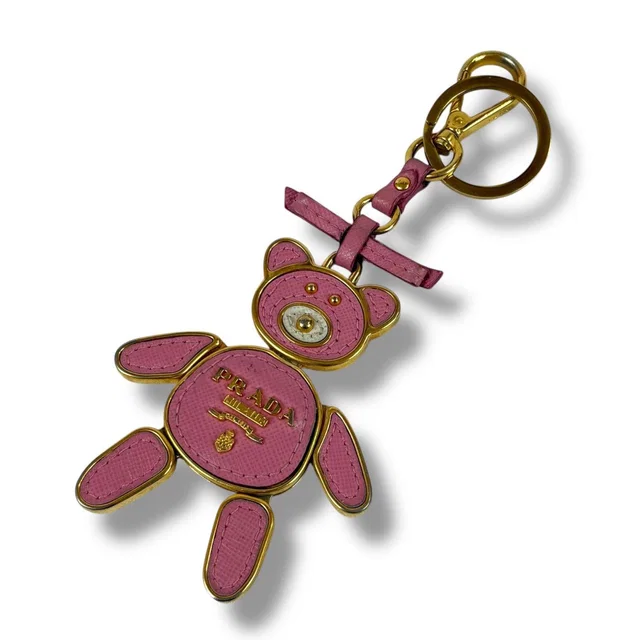 Prada Bear Motif Key Sling Bag Charm Teddy Pink Saffiano Leather in Pink Saffiano leather from The Reluxe
