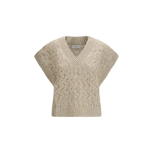 Brunello Cucinelli Beige Silk Sleeveles Sweater in Beige Silk from HEWI
