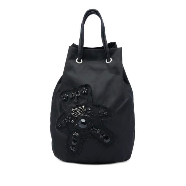 Black Prada Beaded Tessuto Evening Bear Drawstring Bucket Bag in Black Nylon from Designer Revival