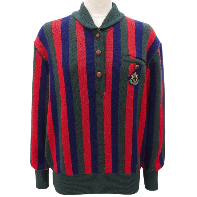 Dior Wool Stripe Pattern Logo Patch Long Sleeve Knit #M Green/Red/Blue/Multi in Red Wool from VINTAGE QOO TOKYO