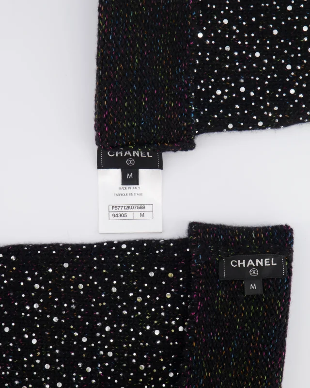 Chanel Black and Multi-Colour Wool Knitted Long Mitten Gloves with Silver Sequin Embellishments Size M in Black Wool from Sellier, photo 4 of 5