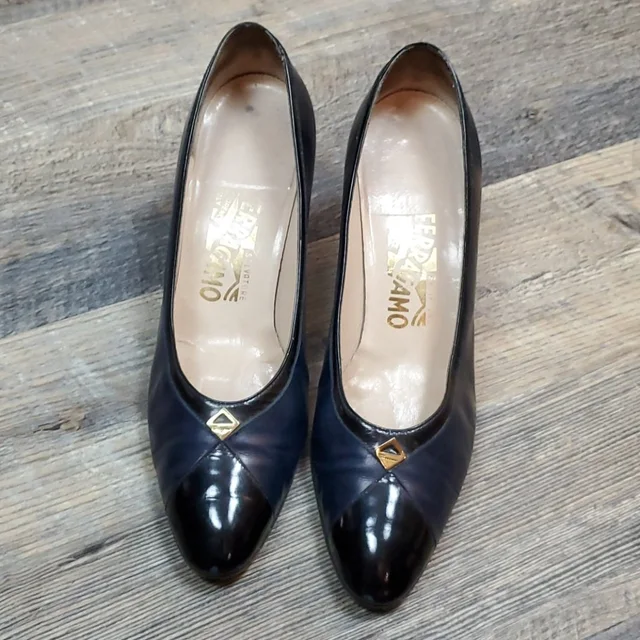 Ferragamo Vintage Leather Heel Shoes Navy Blue Black Metal Accents in blue|black Leather from Poshmark