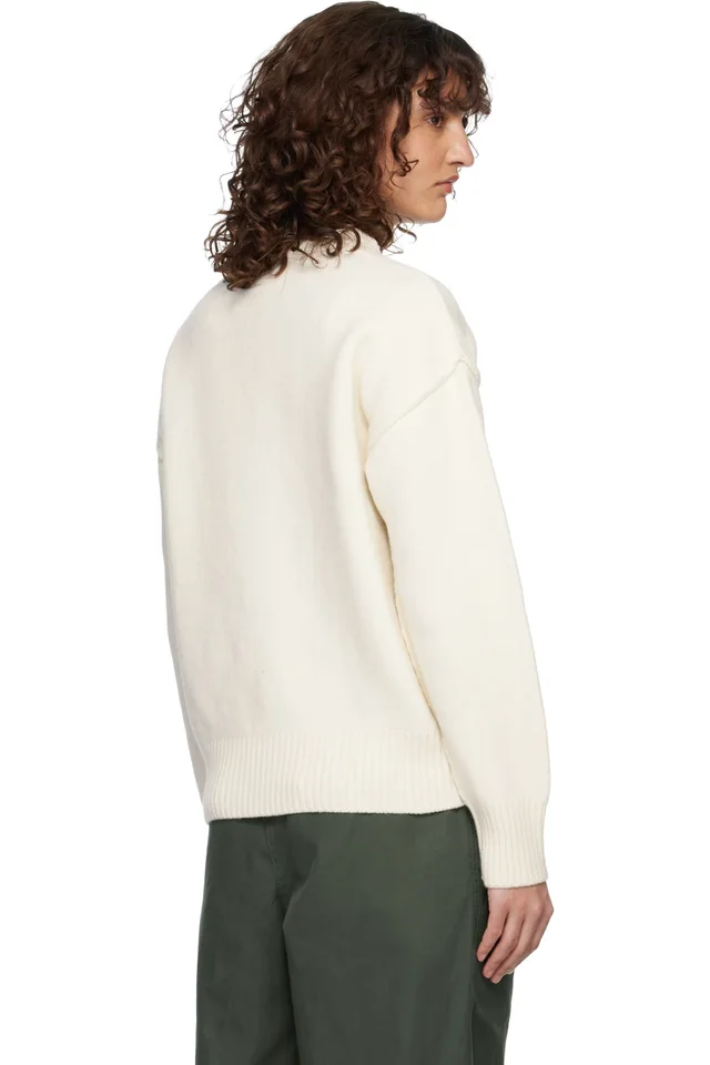 AMI Paris Off-White Wool Crewneck Ami de Coeur Sweater, photo 3 of 4 from SSENSE