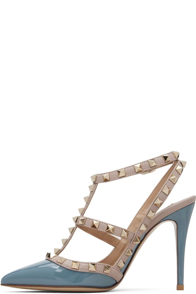 Valentino Garavani Blue & Pink Rockstud Ankle Strap Heels, photo 3 of 4 from SSENSE