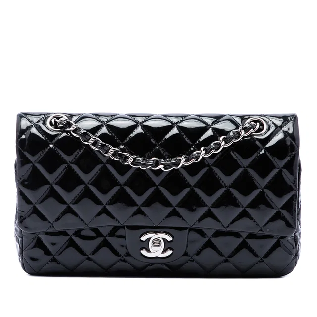 Black Chanel Medium Classic Patent Double Flap Shoulder Bag in Black Patent leather from Designer Revival