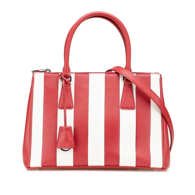 Red Prada Small Bicolor Saffiano Galleria Double Zip Satchel in Red Saffiano leather from Designer Revival