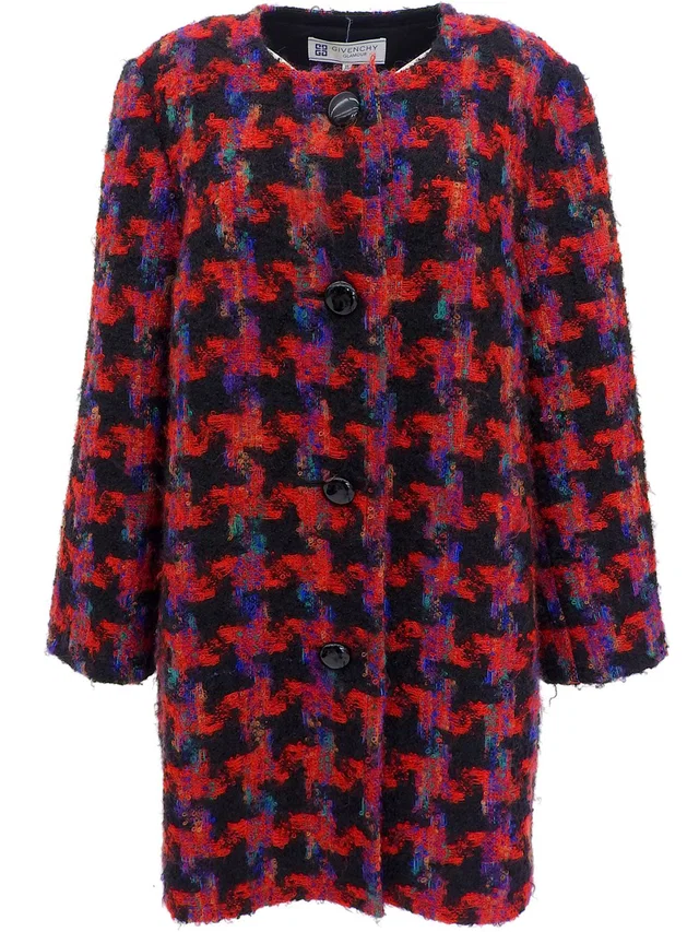 Givenchy Houndstooth Pattern Collarless Jacket #15 Red/Black/Multi in Black Nylon from VINTAGE QOO TOKYO