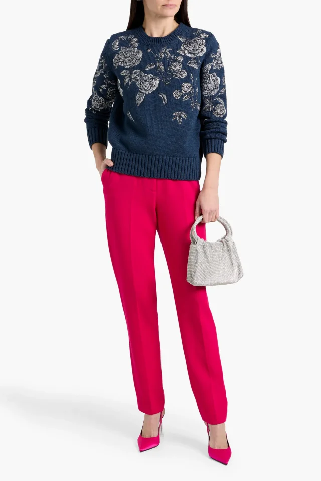 Oscar de la Renta Embroidered Cotton Crew-Neck Sweater in Navy, photo 2 of 4 from THE OUTNET