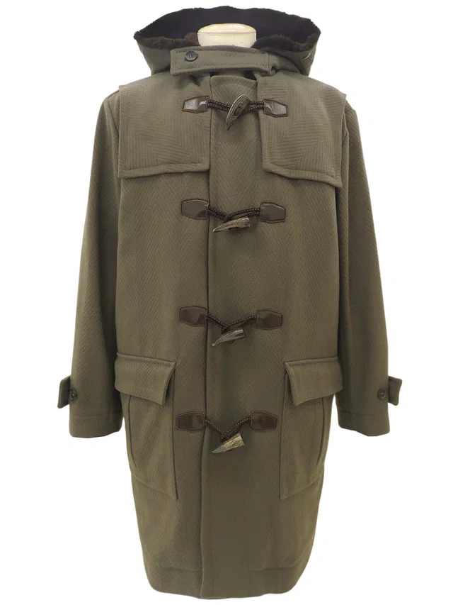 Louis Vuitton Logo Button Duffle Coat #52 Khaki in Green Wool from VINTAGE QOO TOKYO