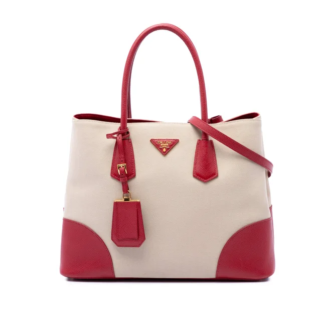Beige Prada Large Saffiano Trimmed Canapa Double Satchel in Beige Saffiano leather from Designer Revival, photo 1 of 1