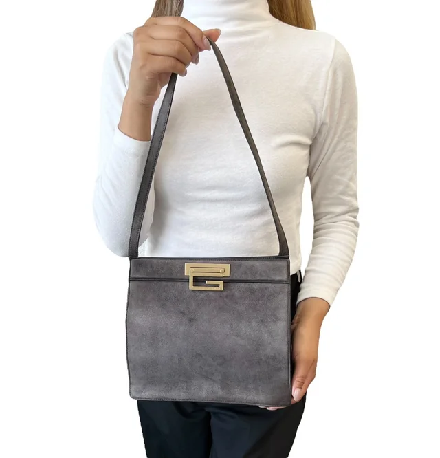 Gucci Vintage G Square Logo Shoulder Bag Gray Gold Suede Leather in Grey Suede from Luxury Promise, photo 2 of 2