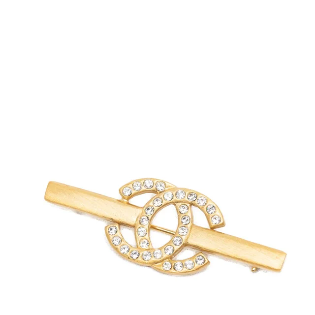 Gold Chanel CC Gold Plated Strass Bar Brooch in Gold from Designer Revival