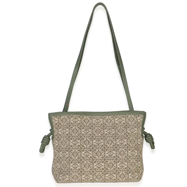 Loewe Vintage Khaki Jacquard Anagram Calfskin Mini Flamenco Knot Clutch in Green Calfskin from Luxury Promise