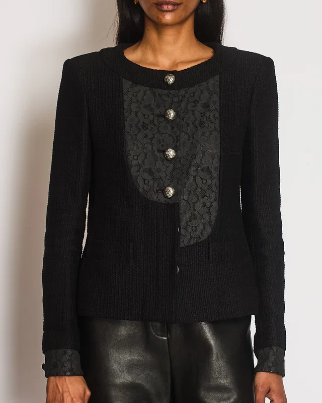 Chanel 15/S Black Tweed Jacket with Floral Laminated Trim and CC Button Detail Size FR 36 (UK 8) in Black Tweed from Sellier