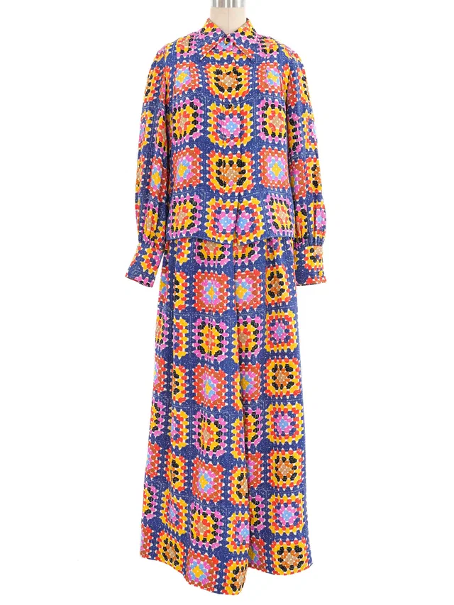 1970s Valentino Crochet Printed Skirt Ensemble in Multicolor Silk from Arcade Vintage