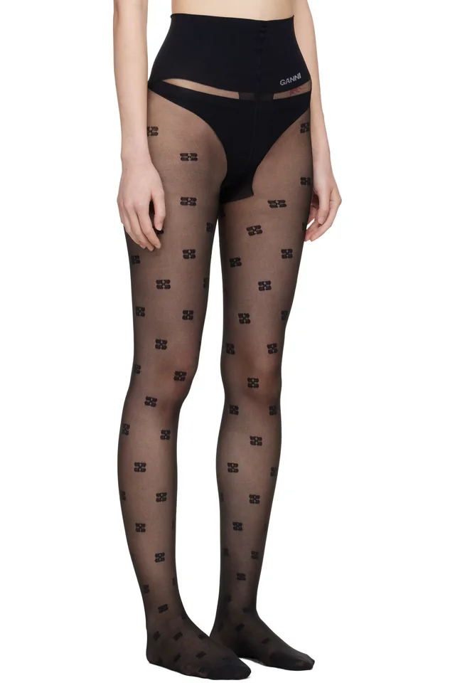 GANNI Black Butterfly Lace Tights, photo 2 of 3 from SSENSE