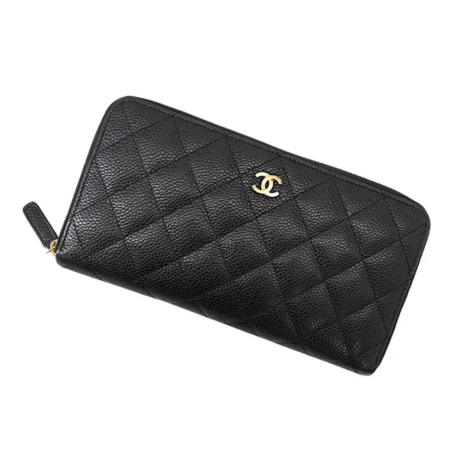 Chanel Wallet Quilted Classic Long Zip CC Logo Caviar Leather Black in Black Caviar leather from The Reluxe