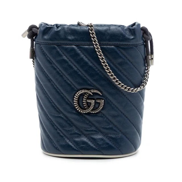 Blue Gucci Mini GG Marmont Matelasse Diagonal Leather Torchon Bucket Bag in Blue Leather from Designer Revival