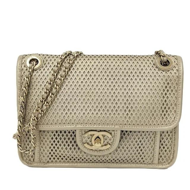 Chanel CC Logo Double Chain Shoulder Bag Leather Mesh Gold in Gold Leather from The Reluxe