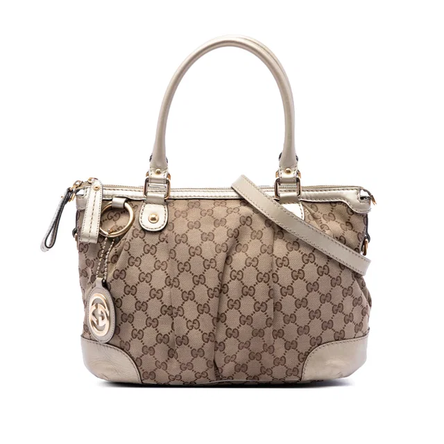 Gold Gucci GG Canvas Sukey Satchel in Gold Canvas from Designer Revival