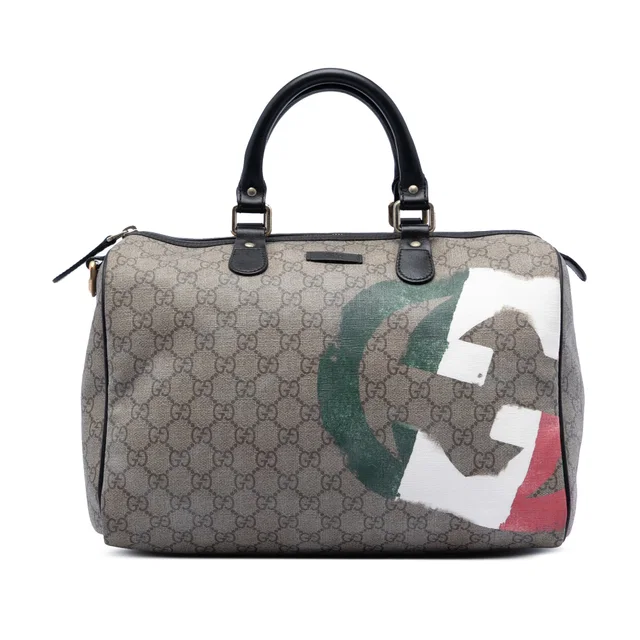Grey Gucci Medium GG Supreme Italian Flag Joy Boston Bag in Grey Coated canvas from Designer Revival