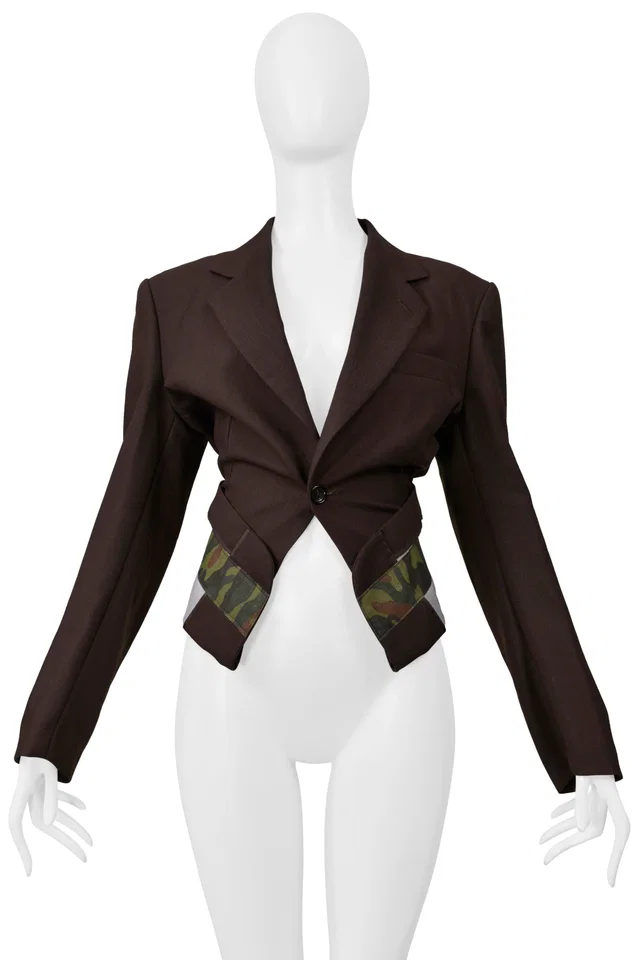Comme des Garçons Brown Single Breasted Jacket With Camo Trim 2001 in Brown Nylon from Resurrection Vintage