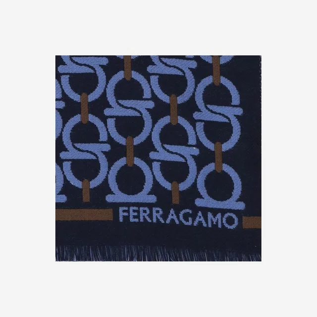 Ferragamo Hook-Pattern Wool Scarf — Navy Scarfs in Navy Wool from HEWI