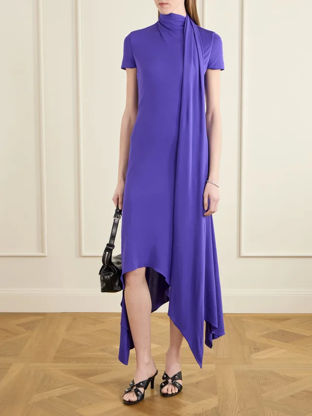 ACNE STUDIOS Tie-detailed asymmetric jersey midi dress in Purple, photo 2 of 2 from NET-A-PORTER (Canada)