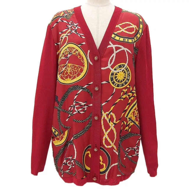 Celine Rope Pattern Macadam Button Cardigan #42 Red in Red Silk from VINTAGE QOO TOKYO