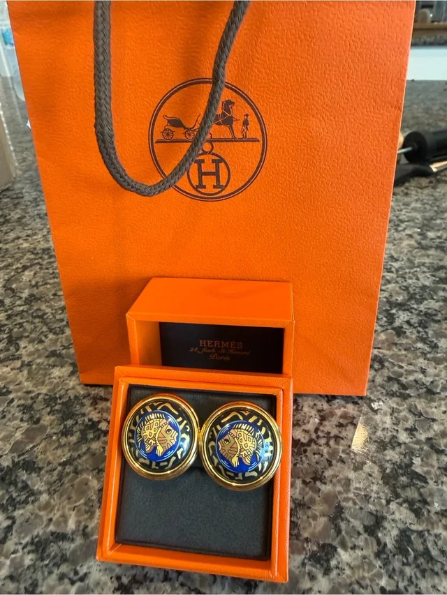 Hermès Enamel Round Earrings in blue|gold from Poshmark