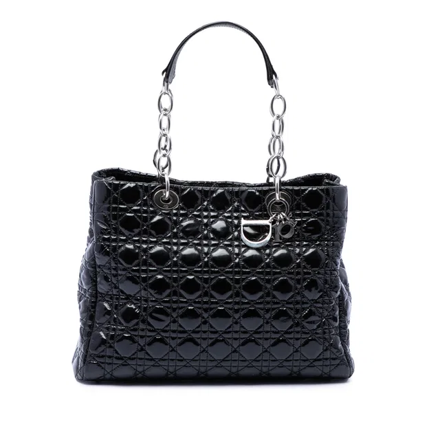 Black Dior Large Patent Cannage Lady Dior Soft Shopping Tote in Black Patent leather from Designer Revival