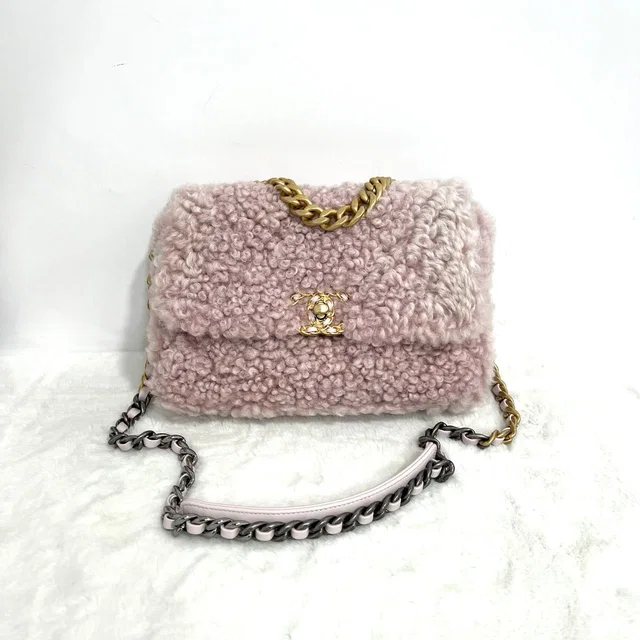 Chanel Pink Shearling 19 Small Size In 3TONE Hardware in Pink from Luxury Promise
