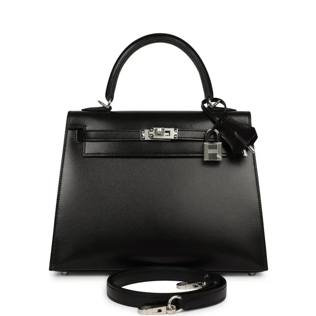 Hermès Kelly Sellier 25 Black Box Palladium Hardware in Black Calfskin from Madison Avenue Couture
