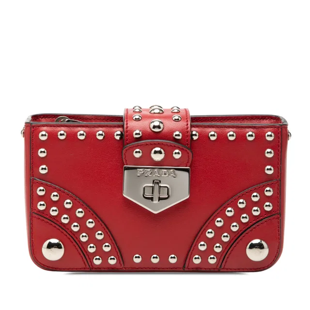 Red Prada City Calfskin Studded Elektra Turn Lock Clutch in Red Calfskin from Designer Revival