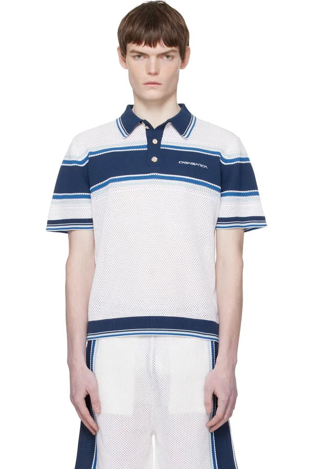 White & Blue Striped Mesh Short Sleeve Polo, image 1 of 1 from SSENSE