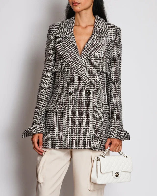 Chanel 01/A Brown and White Double-Breasted Grid-Patterned Jacket with Sequin Detail Size FR 38 (UK 10) in Brown Nylon from Sellier