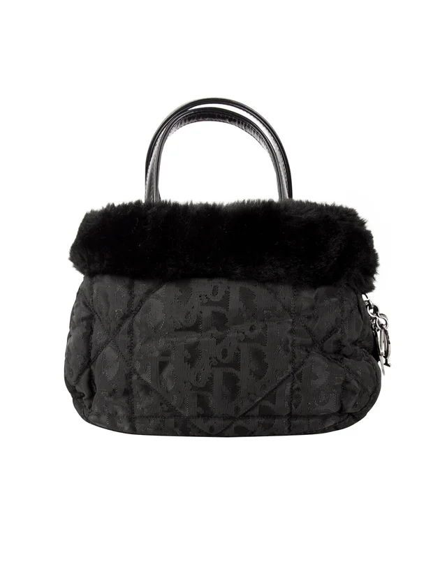 Dior by John Galliano Vintage 1999 Black Nylon Cannage and Faux Fur Mini Bag in Black Nylon from Amarcord Vintage Fashion