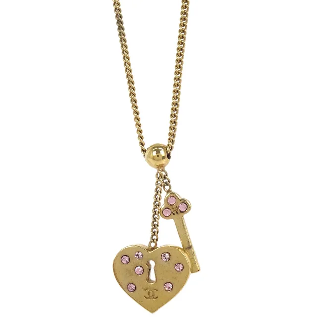 Chanel Rhinestone Gold Heart Padlock Key Pendant Necklace 02P in Gold from AMORE Vintage Tokyo