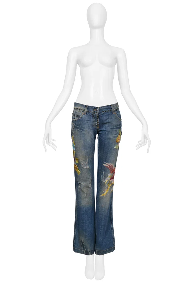 Dolce & Gabbana Distressed Blue Denim "Hawaii" Jeans With Embroidery in Blue Denim from Resurrection Vintage