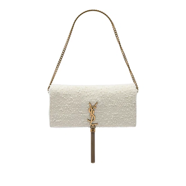 White Saint Laurent Tweed Monogram Kate 99 Tassel Bag Satchel in White Tweed from Designer Revival