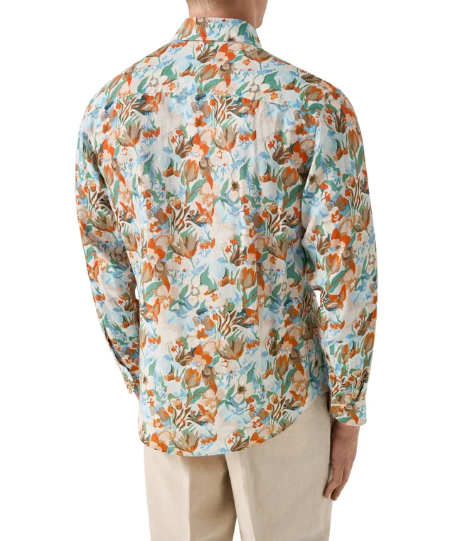 Eton Contemporary-Fit Floral Linen Shirt in Orange Linen & Linen Blends, photo 3 of 6 from Harry Rosen