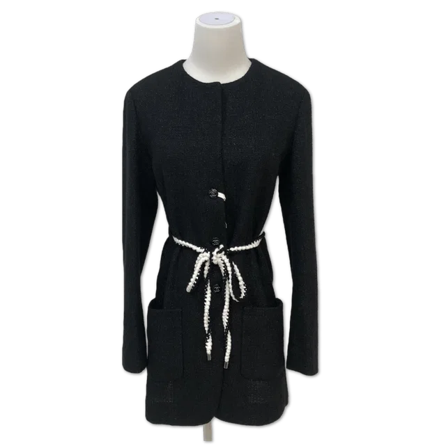 Chanel Black Tweed Braided Tie-Waist Long Jacket size 36 in Black Tweed from Luxury Promise