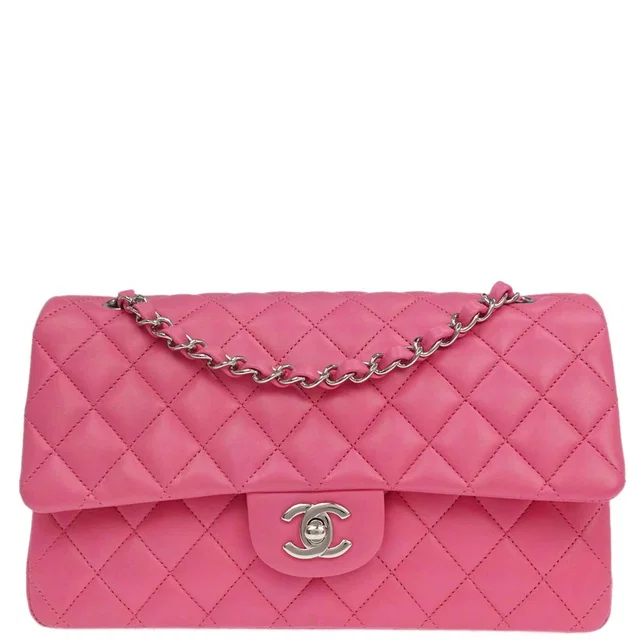 Chanel 2019 Pink Lambskin Medium Classic Double Flap Shoulder Bag in Pink Lambskin from AMORE Vintage Tokyo