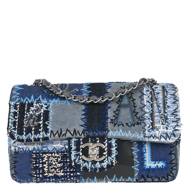 Chanel 2015-2016 Blue Tweed Patchwork Single Flap Shoulder Bag in Blue Tweed from AMORE Vintage Tokyo