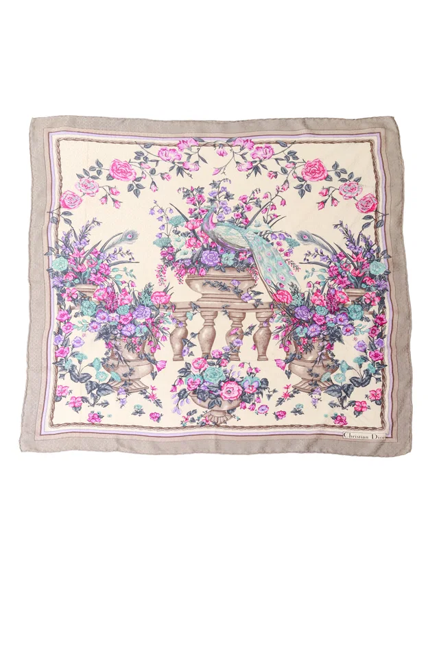 Dior Floral Peacock Print Silk Scarf in Silk from Recess LA