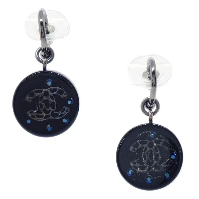 Chanel Button Dangle Pierced Earrings Black 06A in Black Resin from AMORE Vintage Tokyo